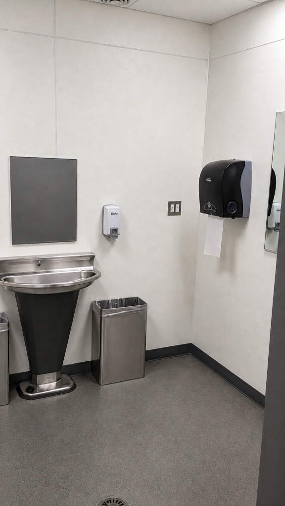Added a Womans Restroom in Middle of Industrial Plant. Epoxy Floor. FRP. ACT. Plumbing. Electrical