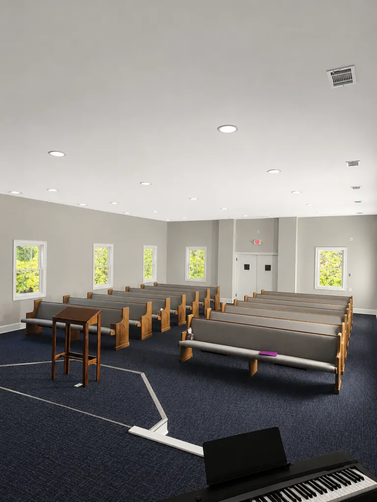 Church Renovations from Fire Restoration. Installation of new pews. carpet. drywall. electrical and light. HVAC