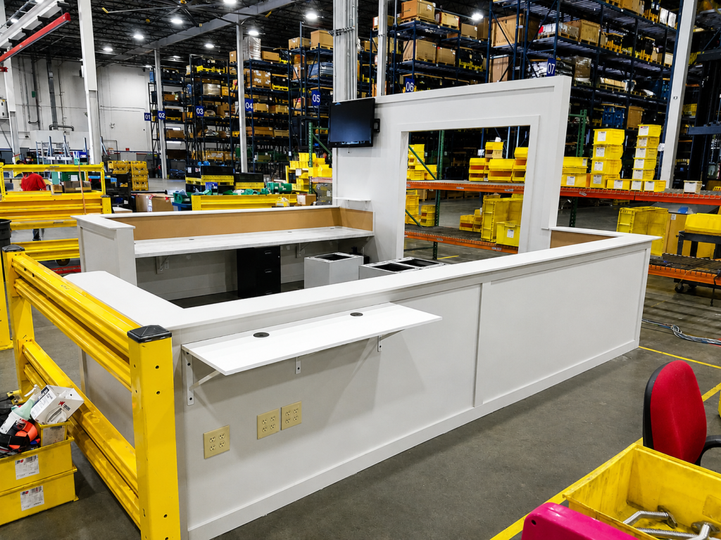 Installation of Custom Warehouse workstation. electrical. data. guard rails. office furniture