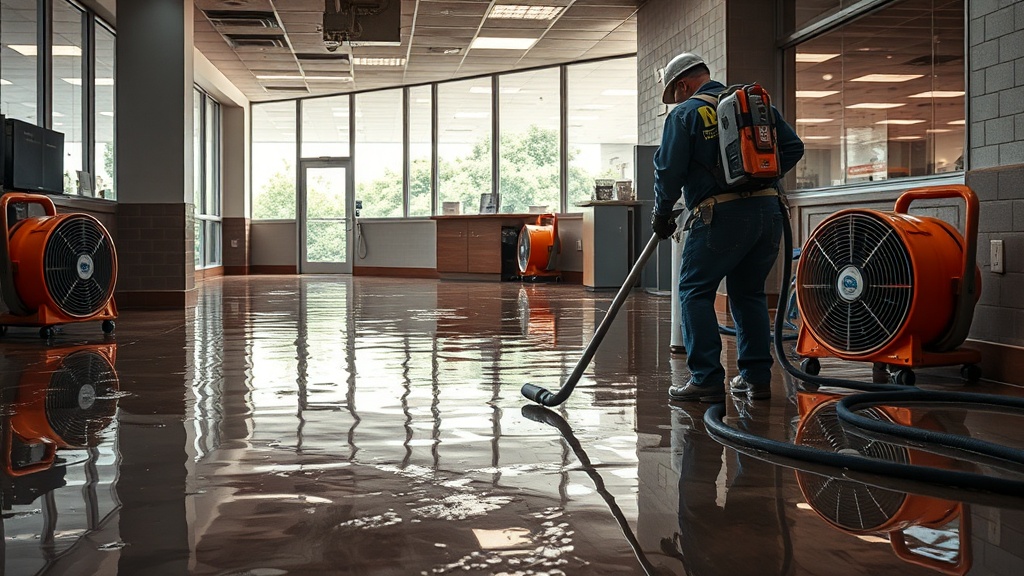 Water damage cleanup — extracting water and drying flooring