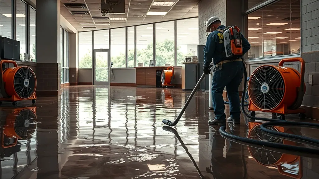 Water damage cleanup — extracting water and drying flooring